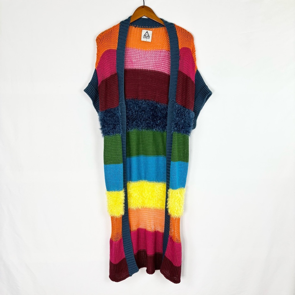 UNIF Stripe Multicolor Knit Cardigan Short Sleeve‎ Size S Long